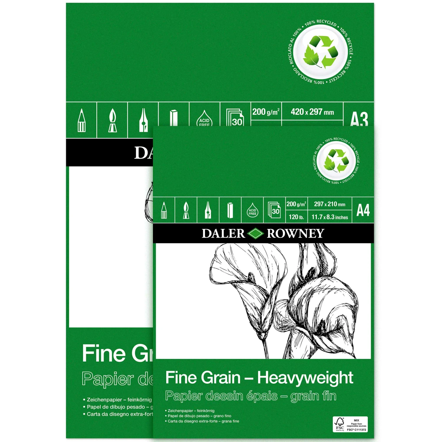 Daler-Rowney ECO Fine Grain Heavyweight Cartridge Pads (GREEN) 3 Daler-Rowney ECO Fine Grain Heavyweight Cartridge Pads (GREEN)